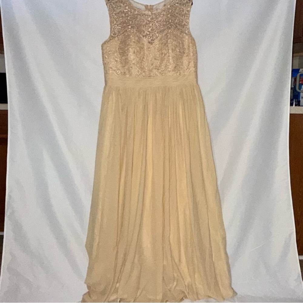 JJ’s House Women’s Mustard Satin Lace Gown Embroidery Sleeveless Large GUC
